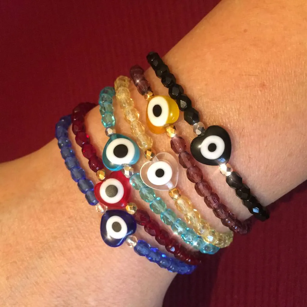 Evil Eye Heart Charm Faceted Glass Bead Bracelet