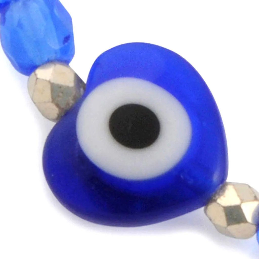 Evil Eye Heart Charm Faceted Glass Bead Bracelet