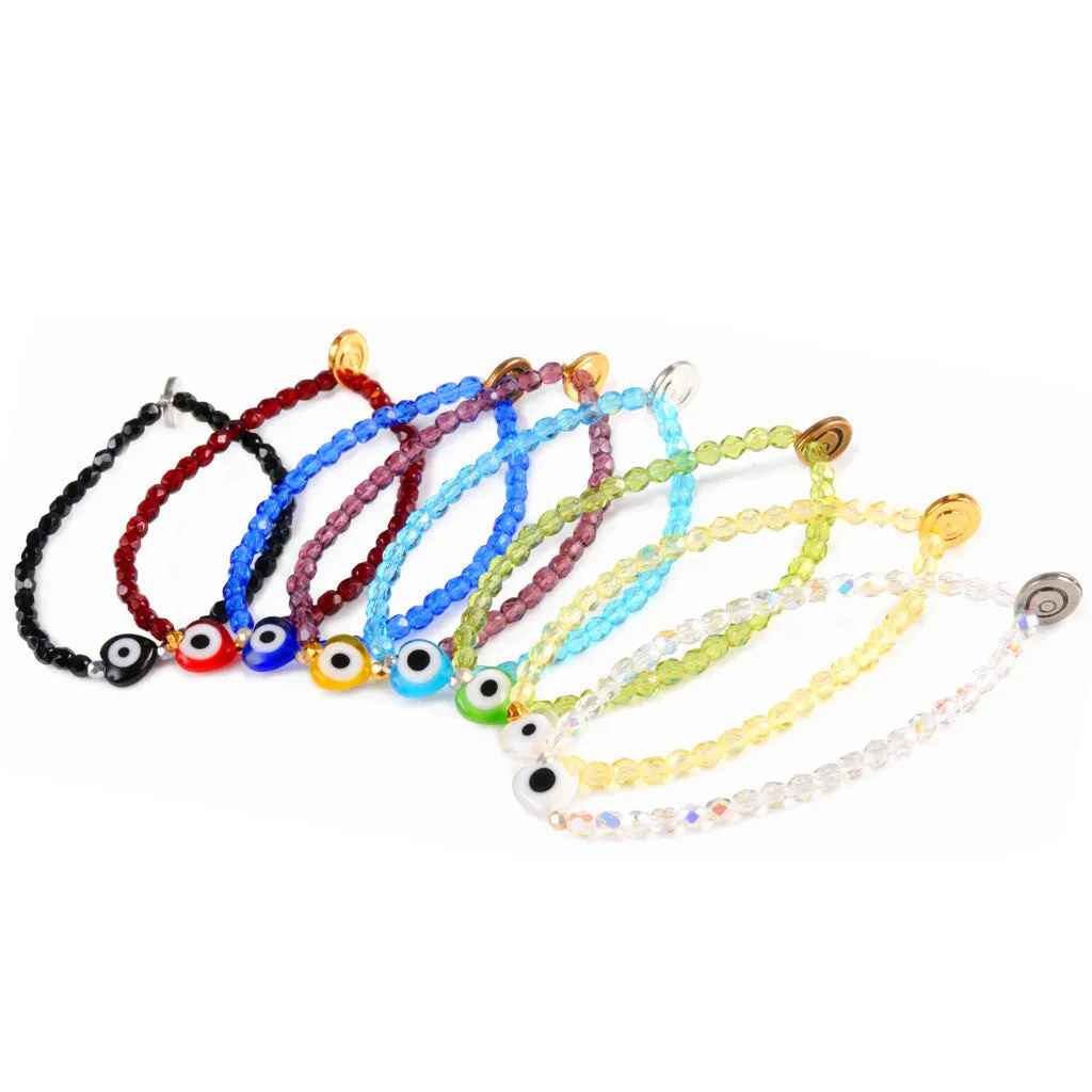 Evil Eye Heart Charm Faceted Glass Bead Bracelet