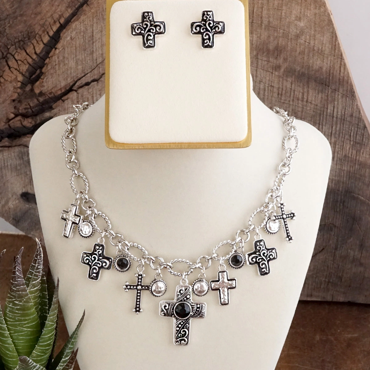 Premium item Peaceful Style Sacred Rhythm ?C Cross Charm Necklace Set in Worn Silver
