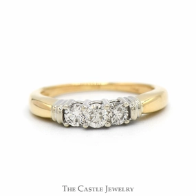 Three Stone Diamond Engagement Ring in 14k Yellow Gold with White Gold Bar Accents International Standard