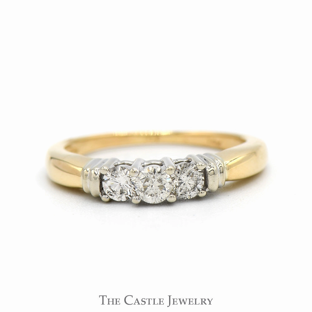 Premium Statement Customizable style Three Stone Diamond Engagement Ring in 14k Yellow Gold with White Gold Bar Accents