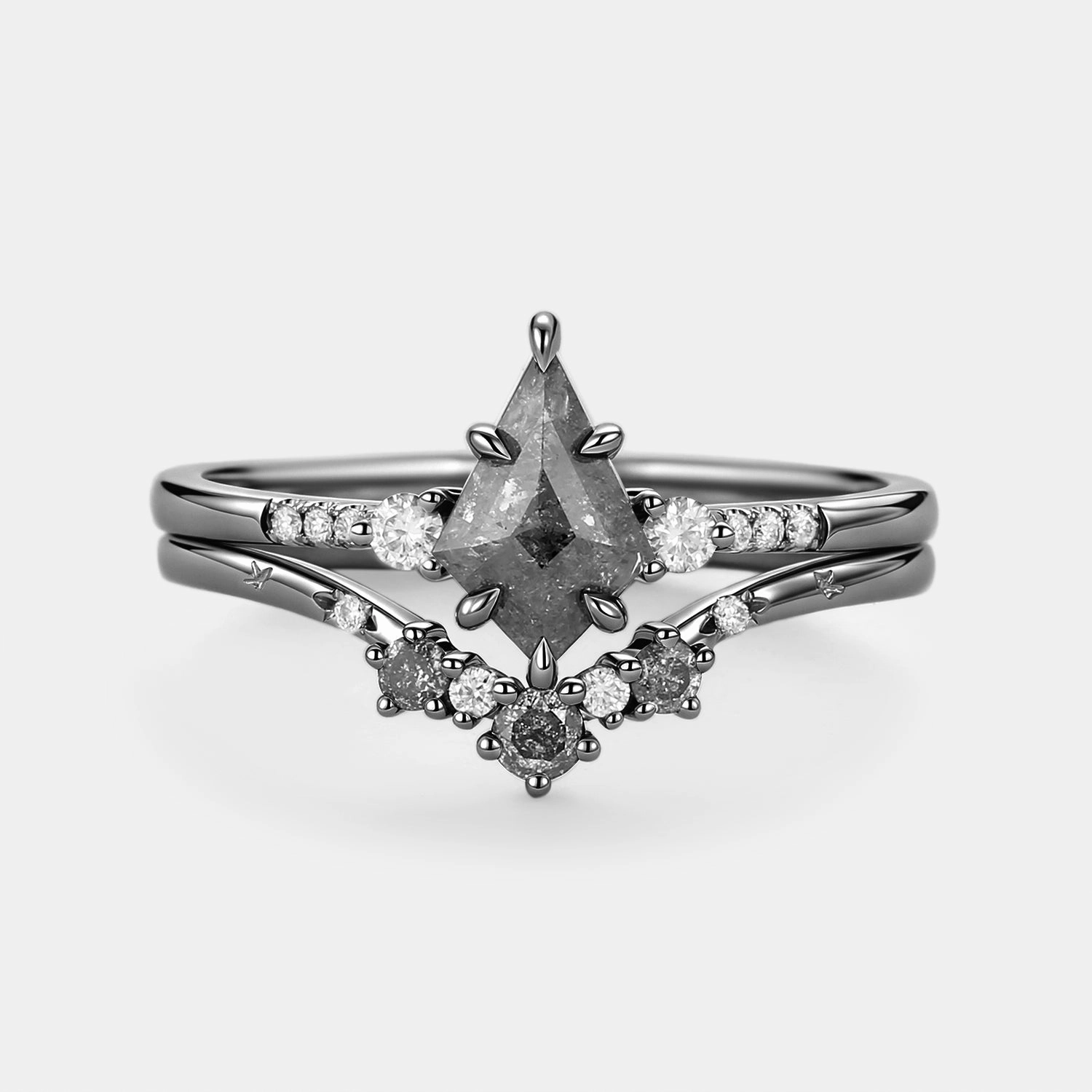 Premium Shine Artisan Crafted Kite Cut Salt and Pepper Diamonds Unique Engagement Ring Set 2pcs
