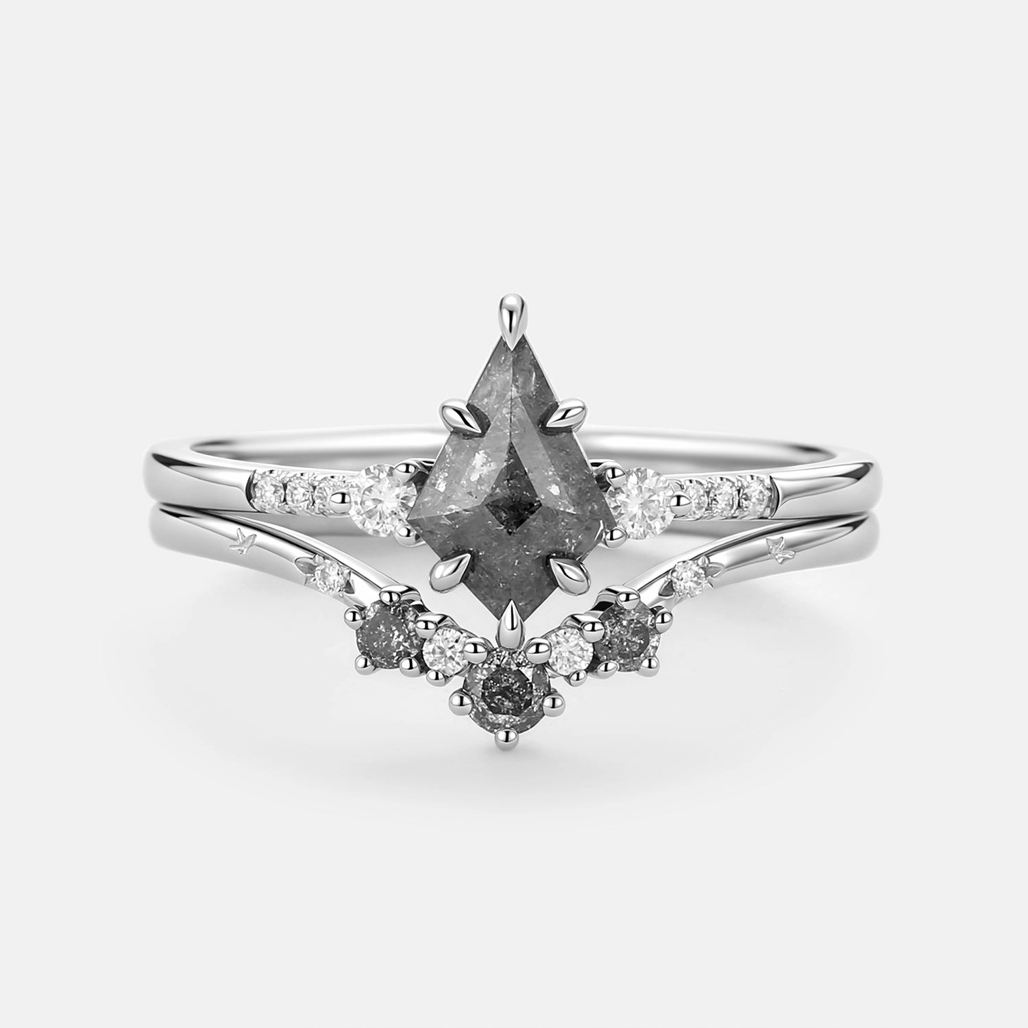 Graceful Shape Kite Cut Salt and Pepper Diamonds Unique Engagement Ring Set 2pcs