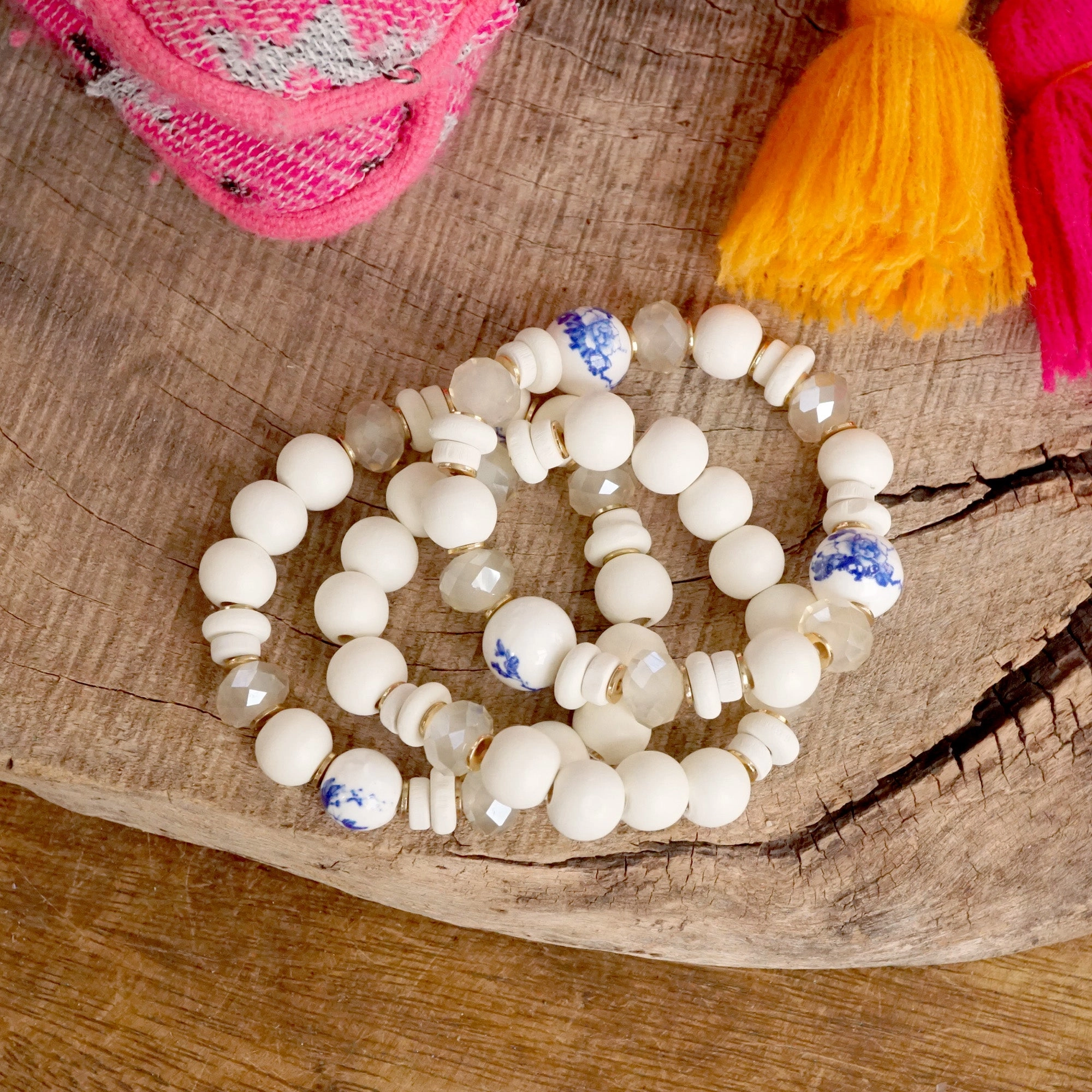 Blue Chinoiserie Wooden Glass Beads Bracelets Stack of 3 White Periwinkle Enduring Composite Optimally Priced