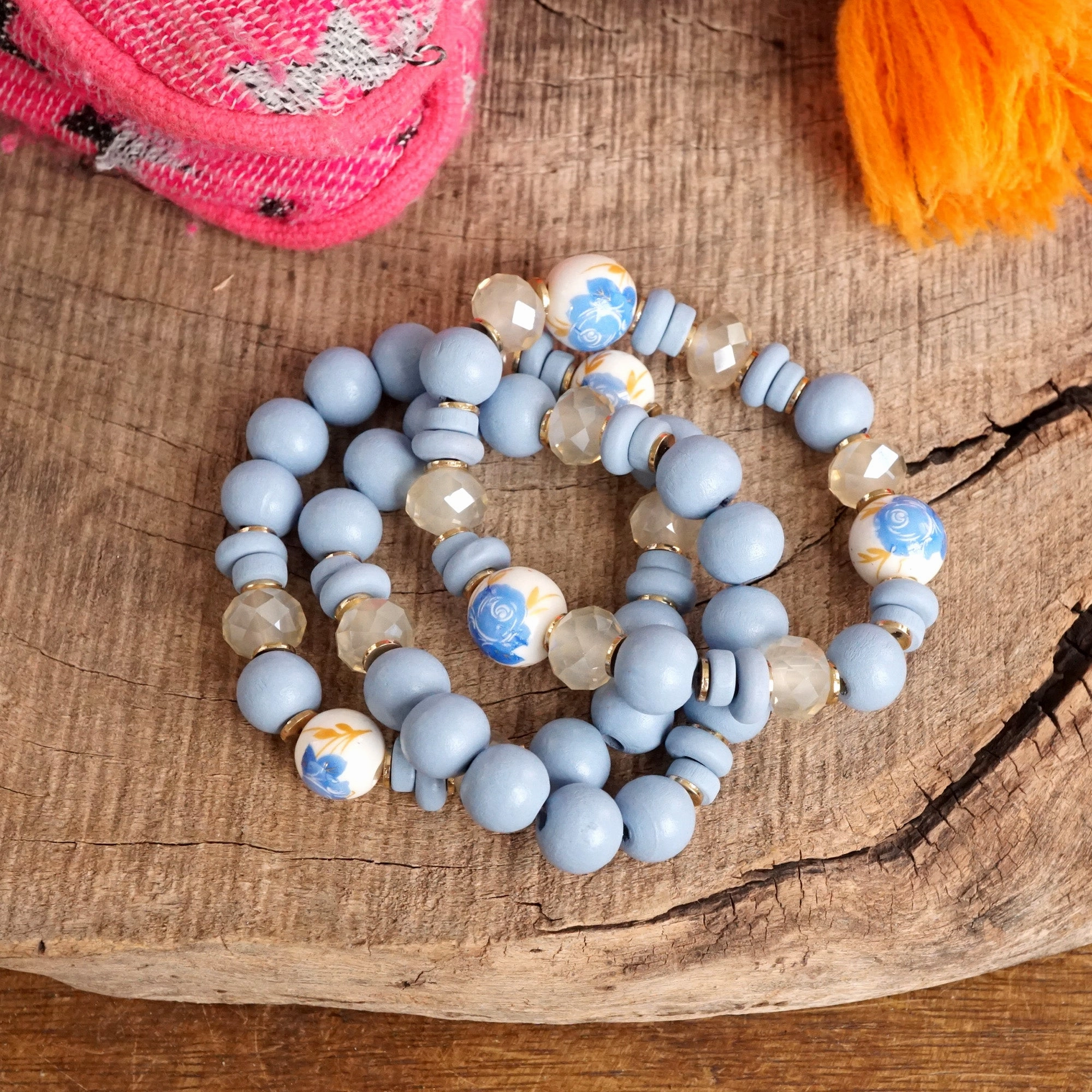 Scarce Resource Sudden Sensation Blue Chinoiserie Wooden Glass Beads Bracelets Stack of 3 White Periwinkle
