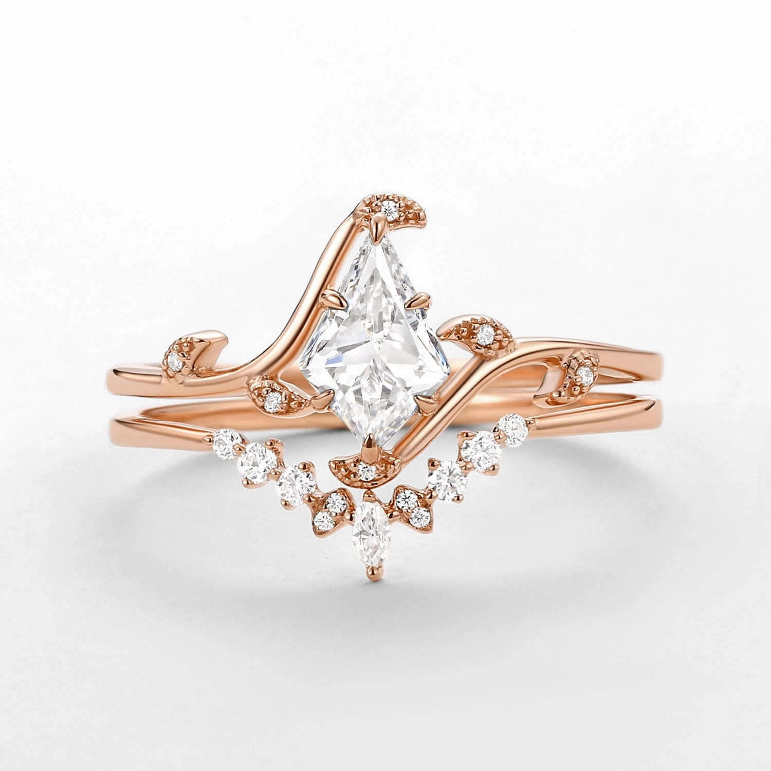 Unique Kite Cut Moissanite Leafy Engagement Ring Sets 2pcs - Ivy Timeless Look Design