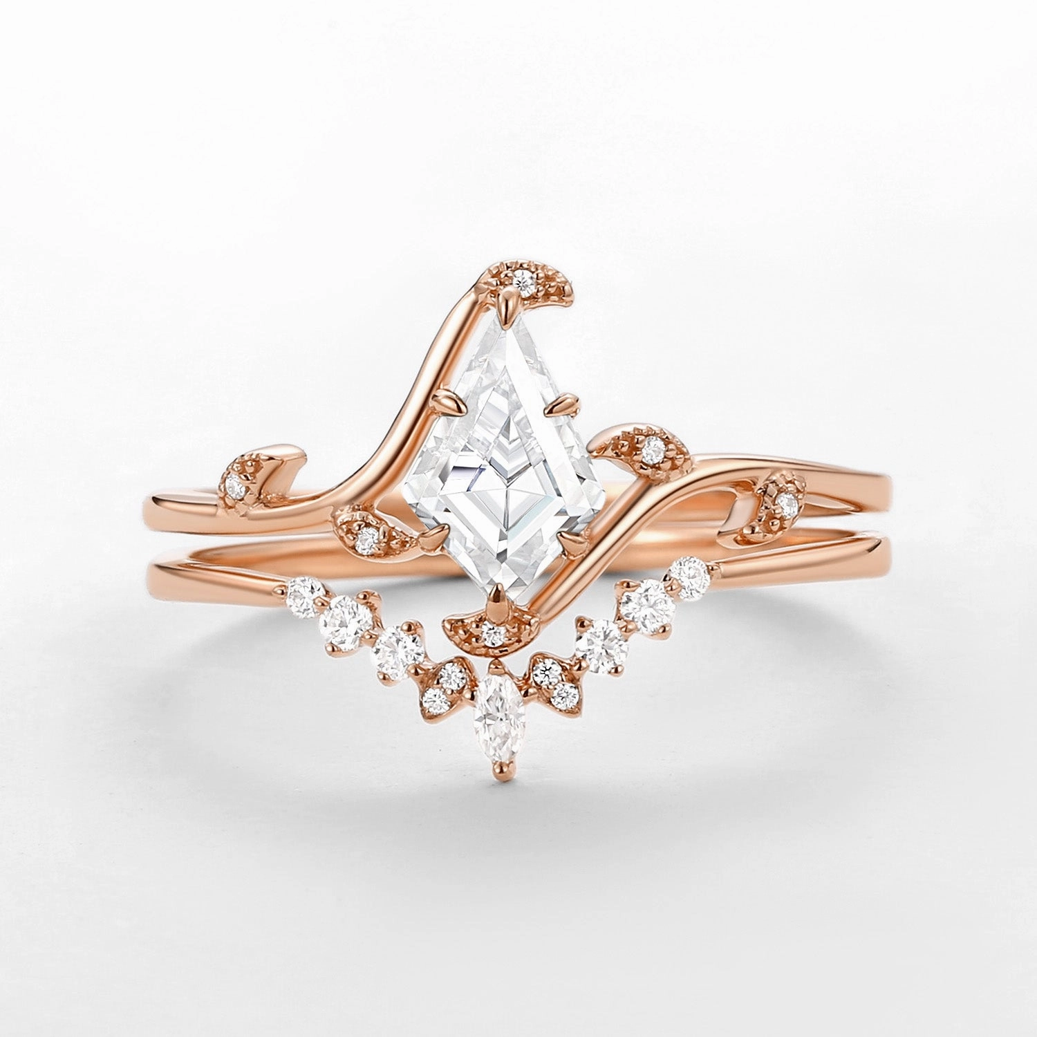 Unique Kite Cut Moissanite Leafy Engagement Ring Sets 2pcs - Ivy Trendy Accessory