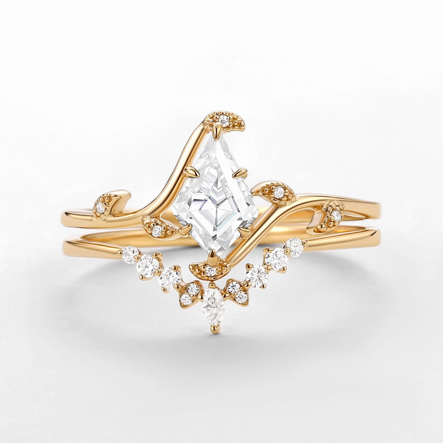 Unique Kite Cut Moissanite Leafy Engagement Ring Sets 2pcs - Ivy Anniversary Gift Fashion Must