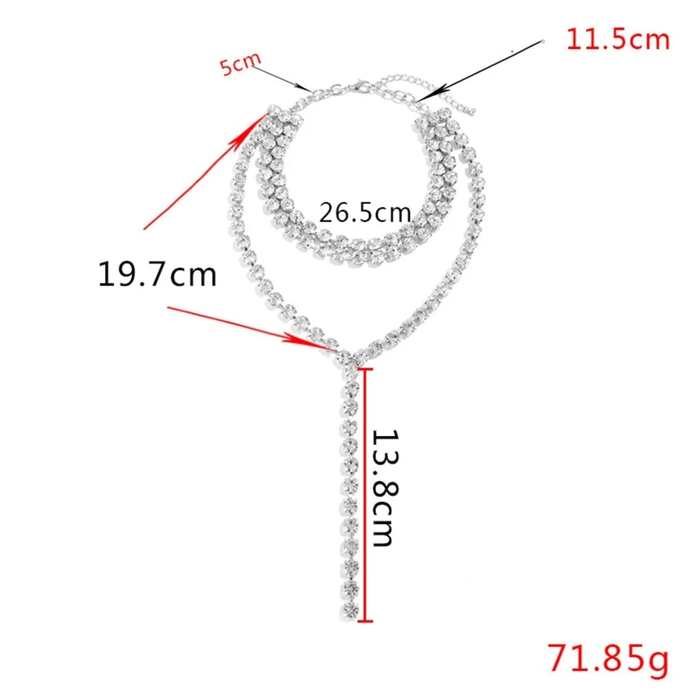Exquisite Crystal Embellished Multi-layer Choker Necklace with Tassel Detail