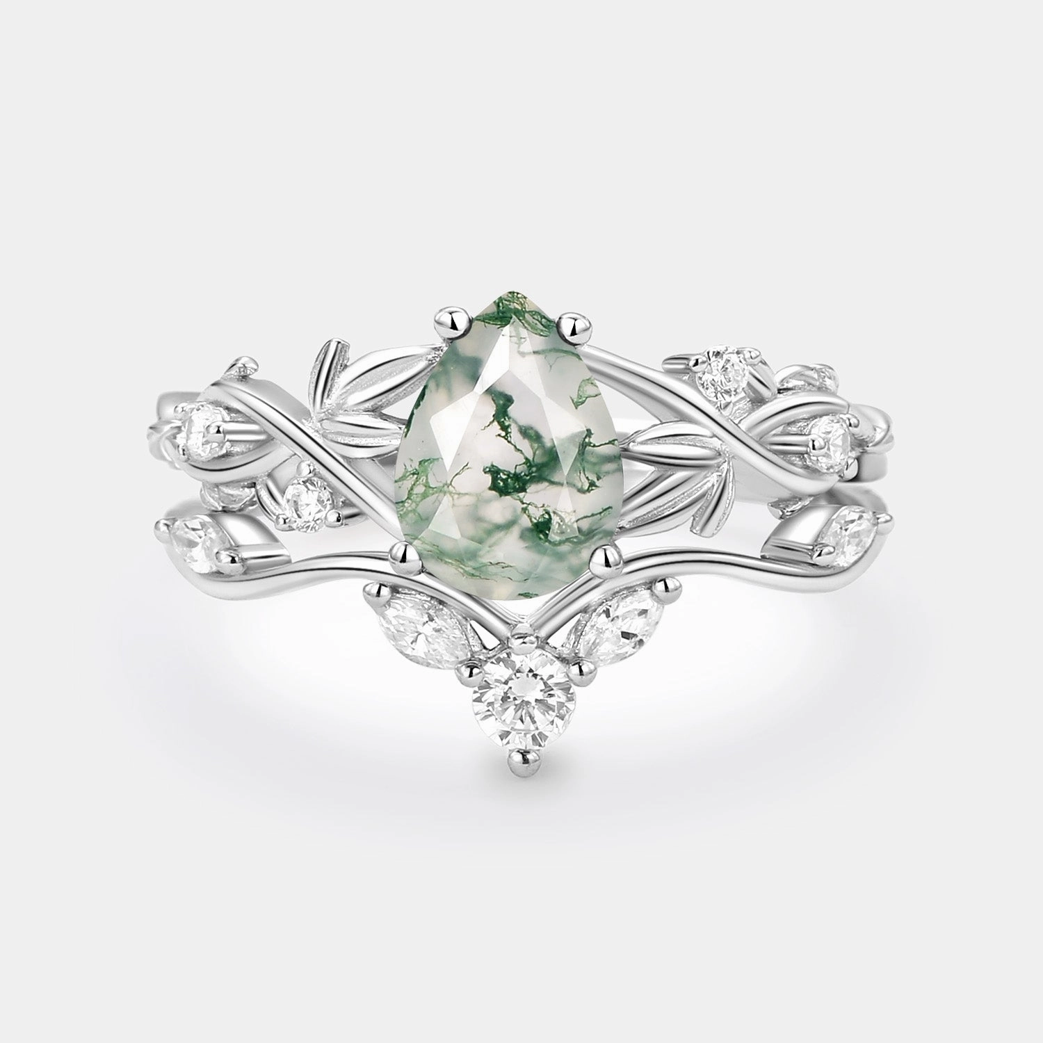 Handmade Craft Pear Shaped Moss Agate Three Leaves Bridal Ring Set 2pcs