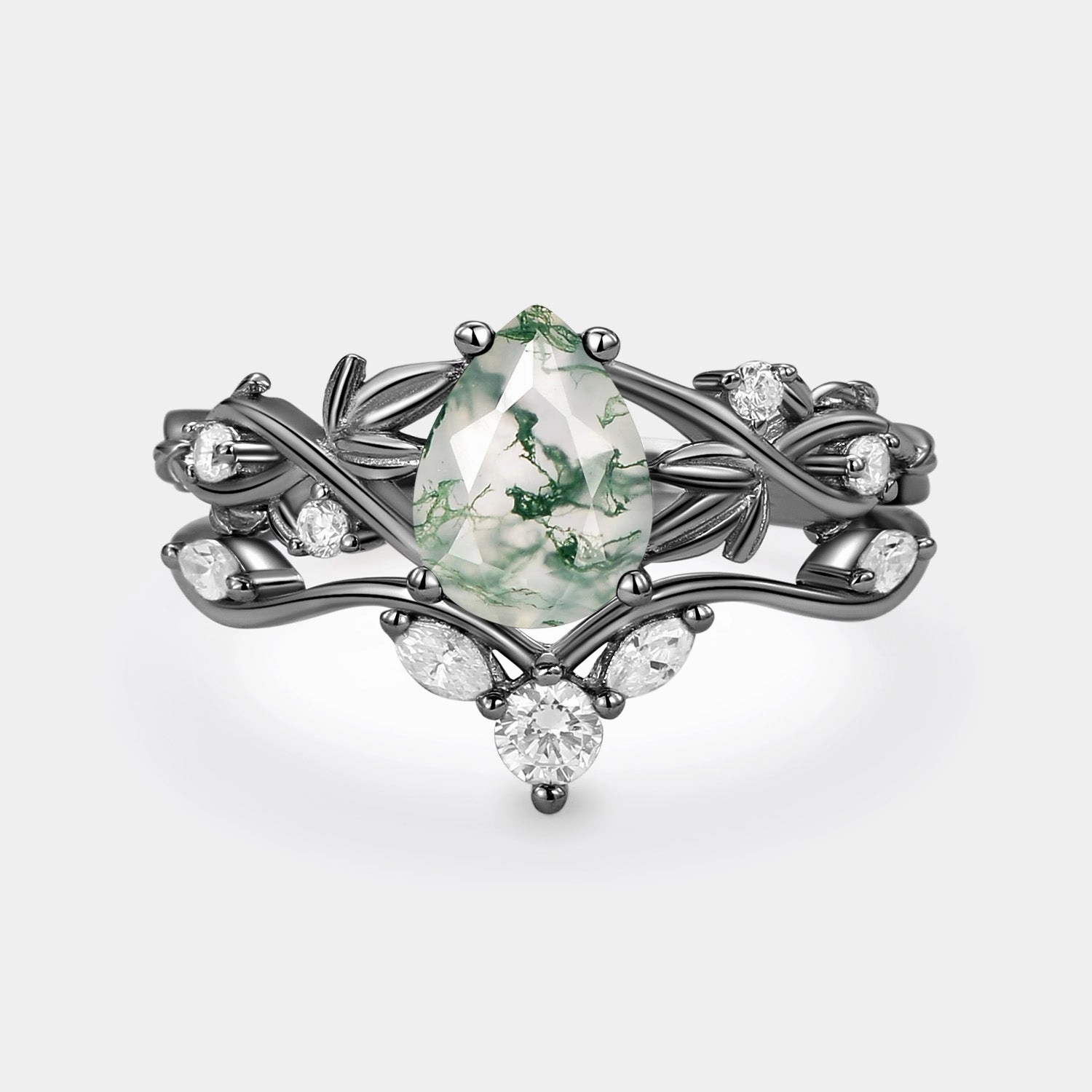 Pear Shaped Moss Agate Three Leaves Bridal Ring Set 2pcs Shiny Jewelry Pieces Creative Touch