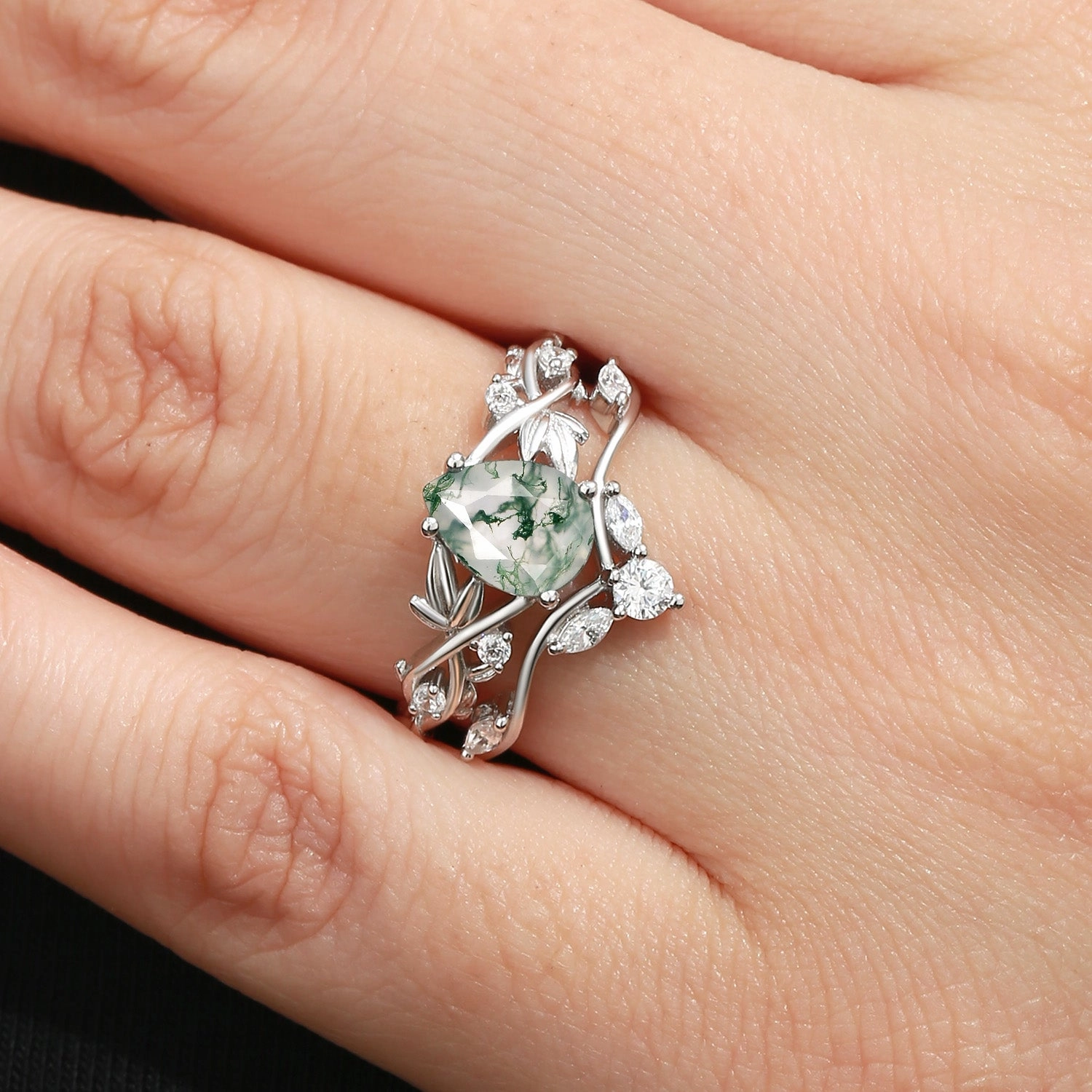 Pear Shaped Moss Agate Three Leaves Bridal Ring Set 2pcs Luxe Appeal Sleek Craft