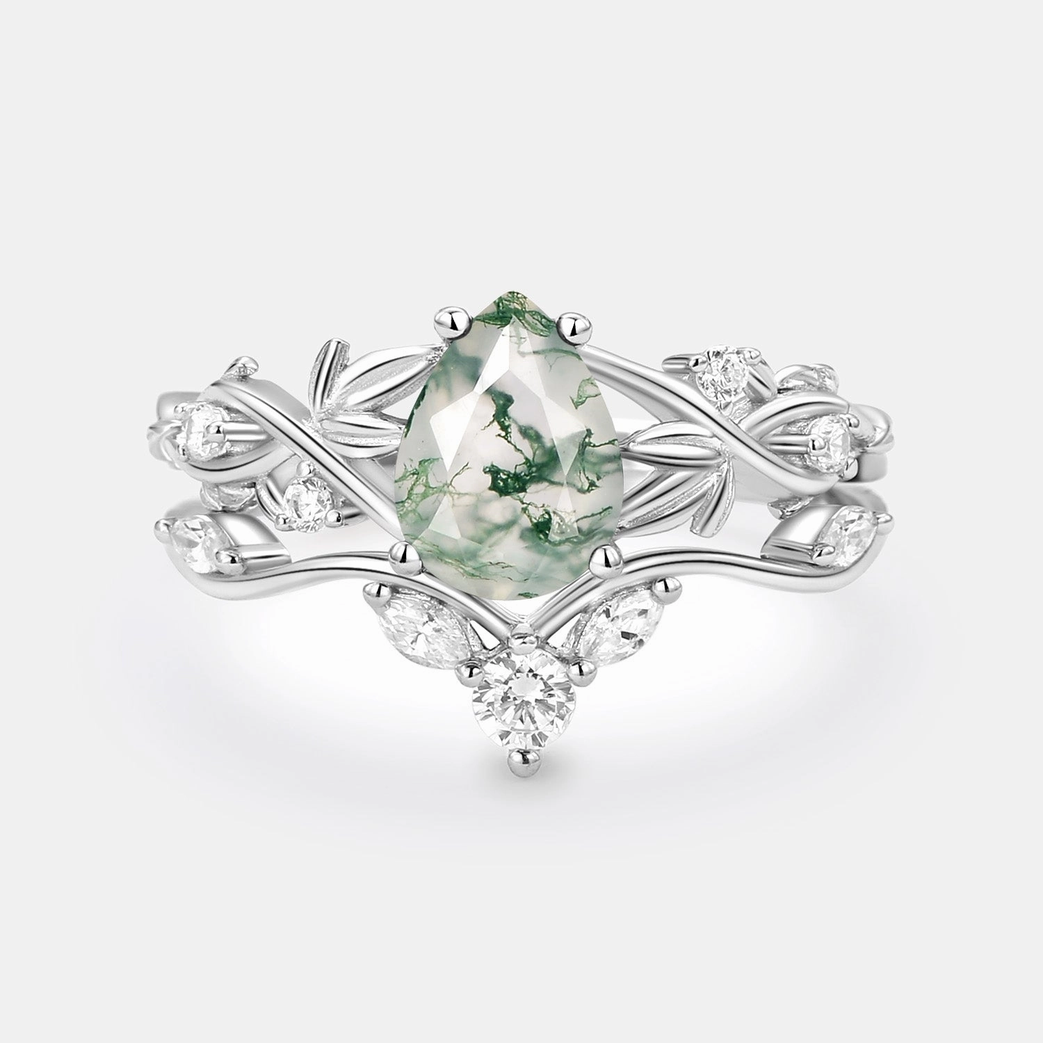 Masculine Bold Unique Accessories Pear Shaped Moss Agate Three Leaves Bridal Ring Set 2pcs