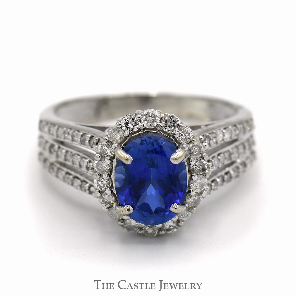 Vintage Inspiration Luxury Token Oval Cut Created Sapphire Ring with Diamond Halo and Accents in 14k White Gold