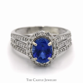 Vintage Inspiration Luxury Token Oval Cut Created Sapphire Ring with Diamond Halo and Accents in 14k White Gold