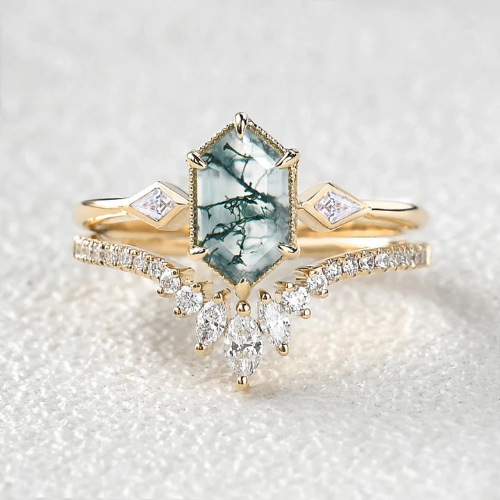 Long Hexagon Moss Agate Three Stone Engagement Ring Set 2pcs Graceful Highlight Classic Glow