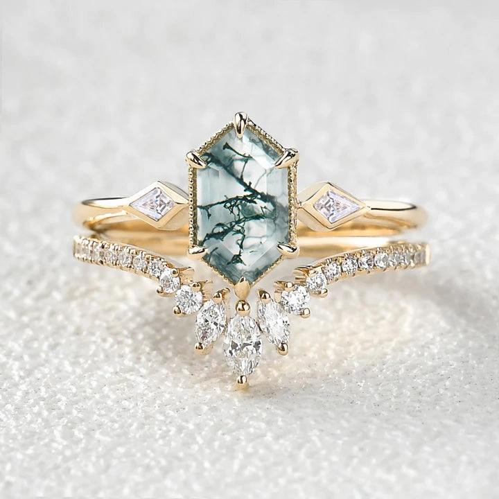Long Hexagon Moss Agate Three Stone Engagement Ring Set 2pcs Fashionable Piece