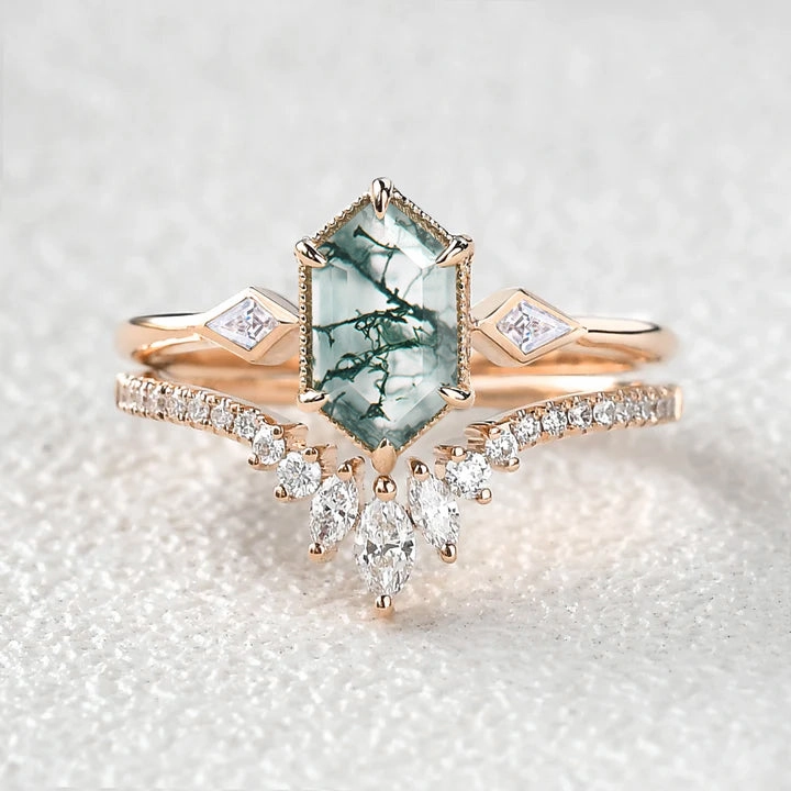 Long Hexagon Moss Agate Three Stone Engagement Ring Set 2pcs Chic Choice Artisan Edge
