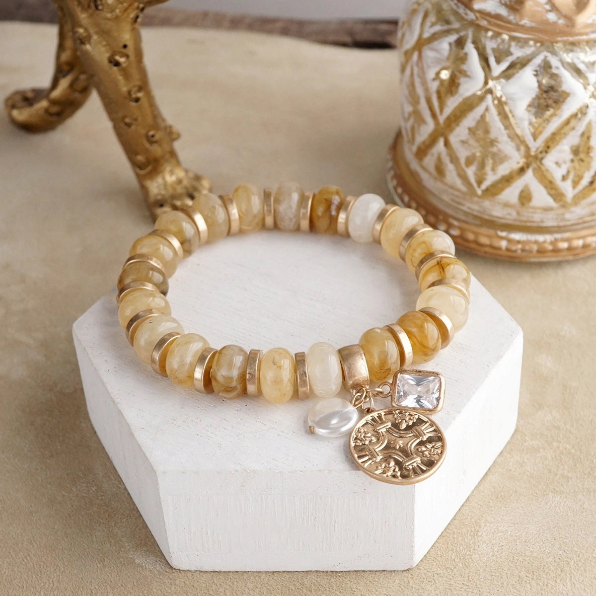 Faithful Layers ?C Chunky Acrylic Rondelle Beads & Cluster Coin Bracelet Maximalist Energy