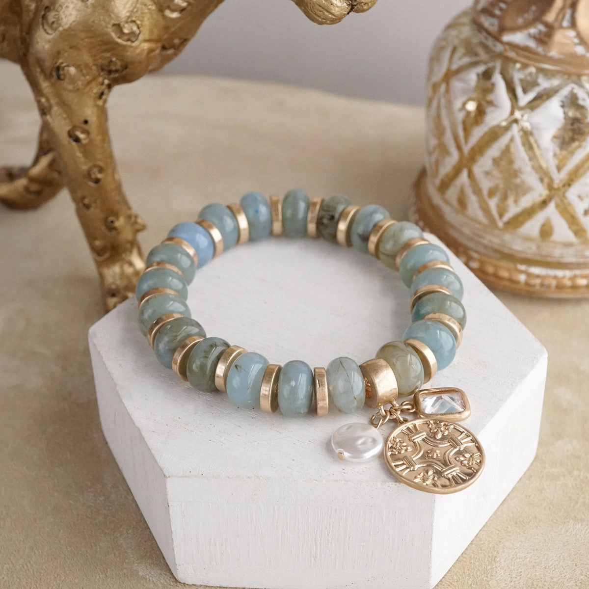Faithful Layers ?C Chunky Acrylic Rondelle Beads & Cluster Coin Bracelet Understated Elegance Collective Memory