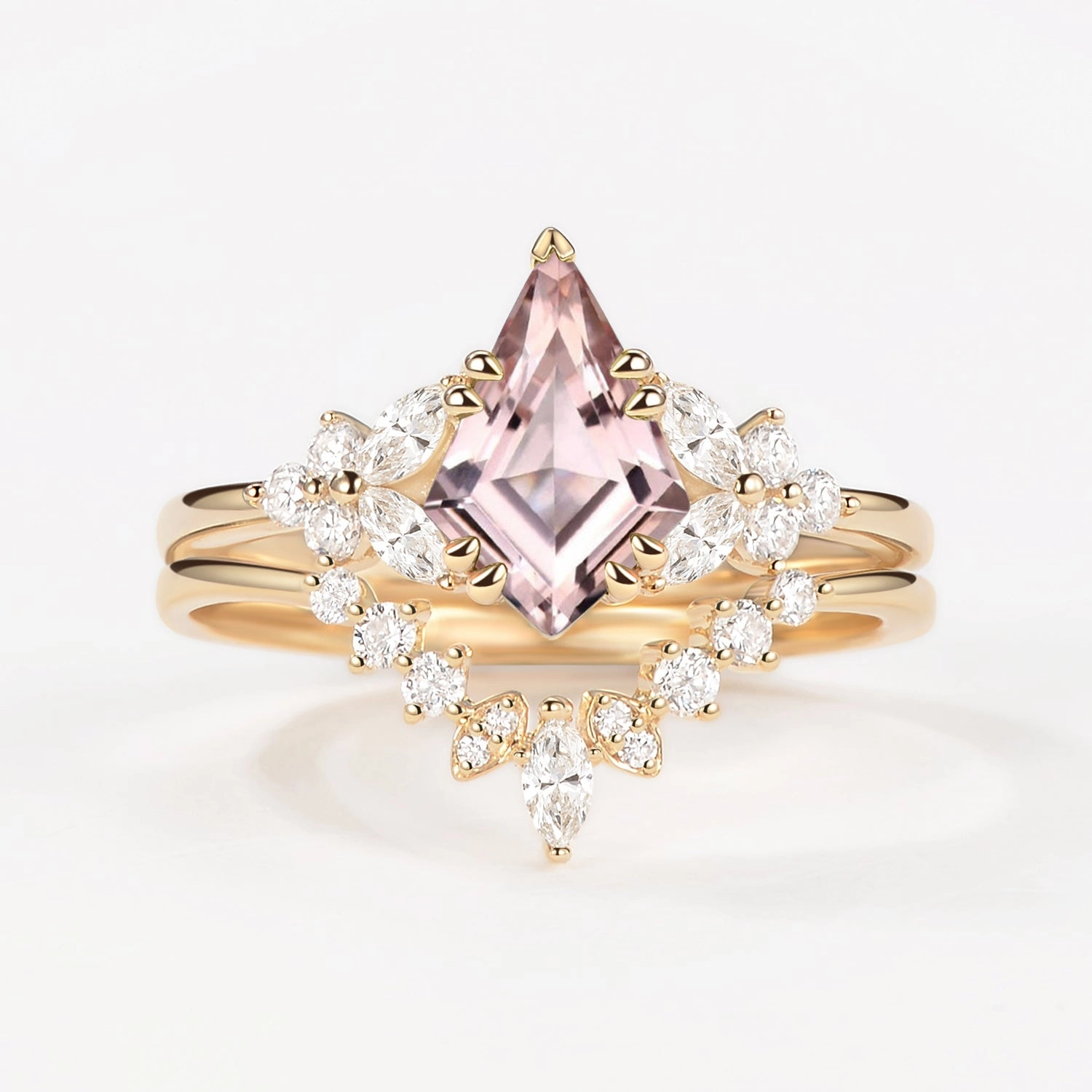 Chic Appeal Elegant Charm Kite Cut Morganite Flower Art-Deco Engagement Ring Set 2pcs