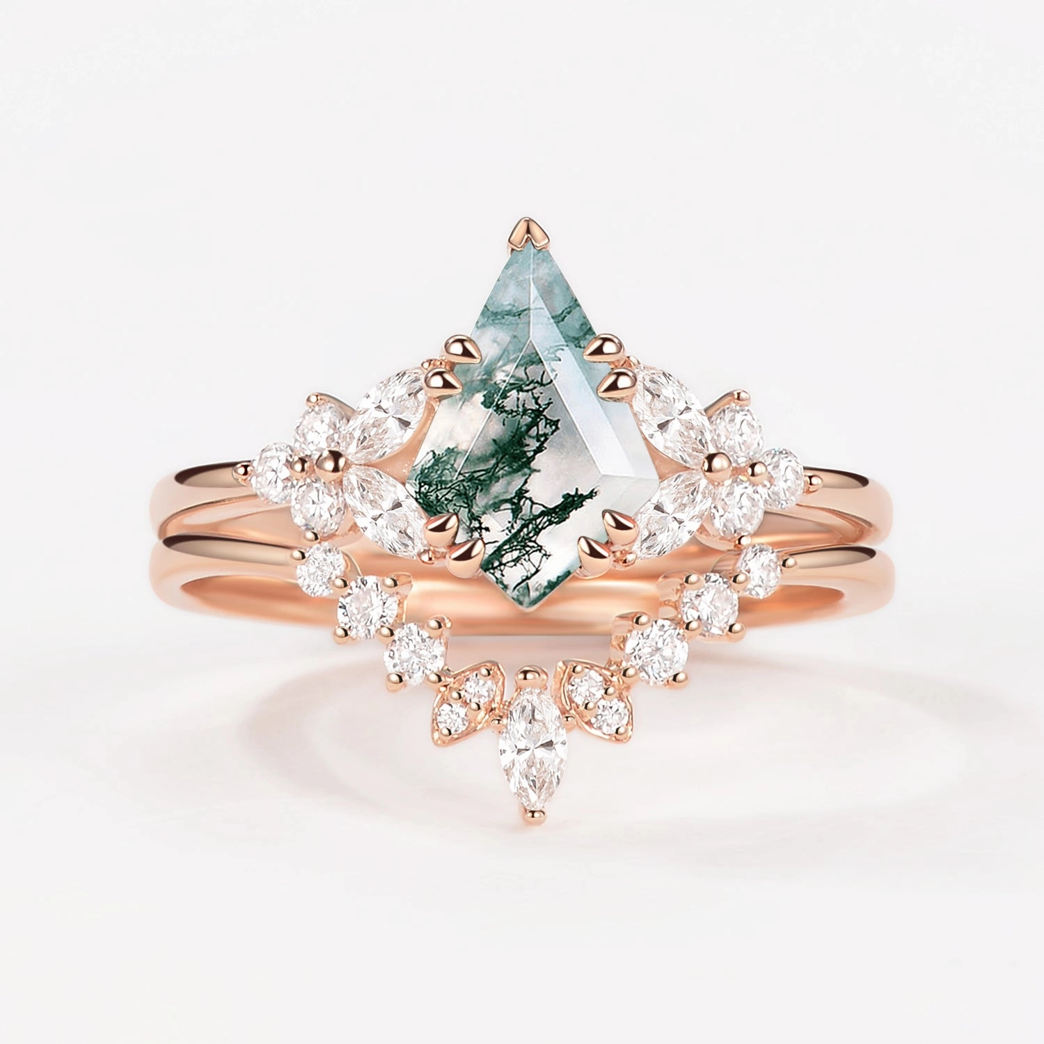 Kite Cut Morganite Flower Art-Deco Engagement Ring Set 2pcs Artistic Edge All Day Look