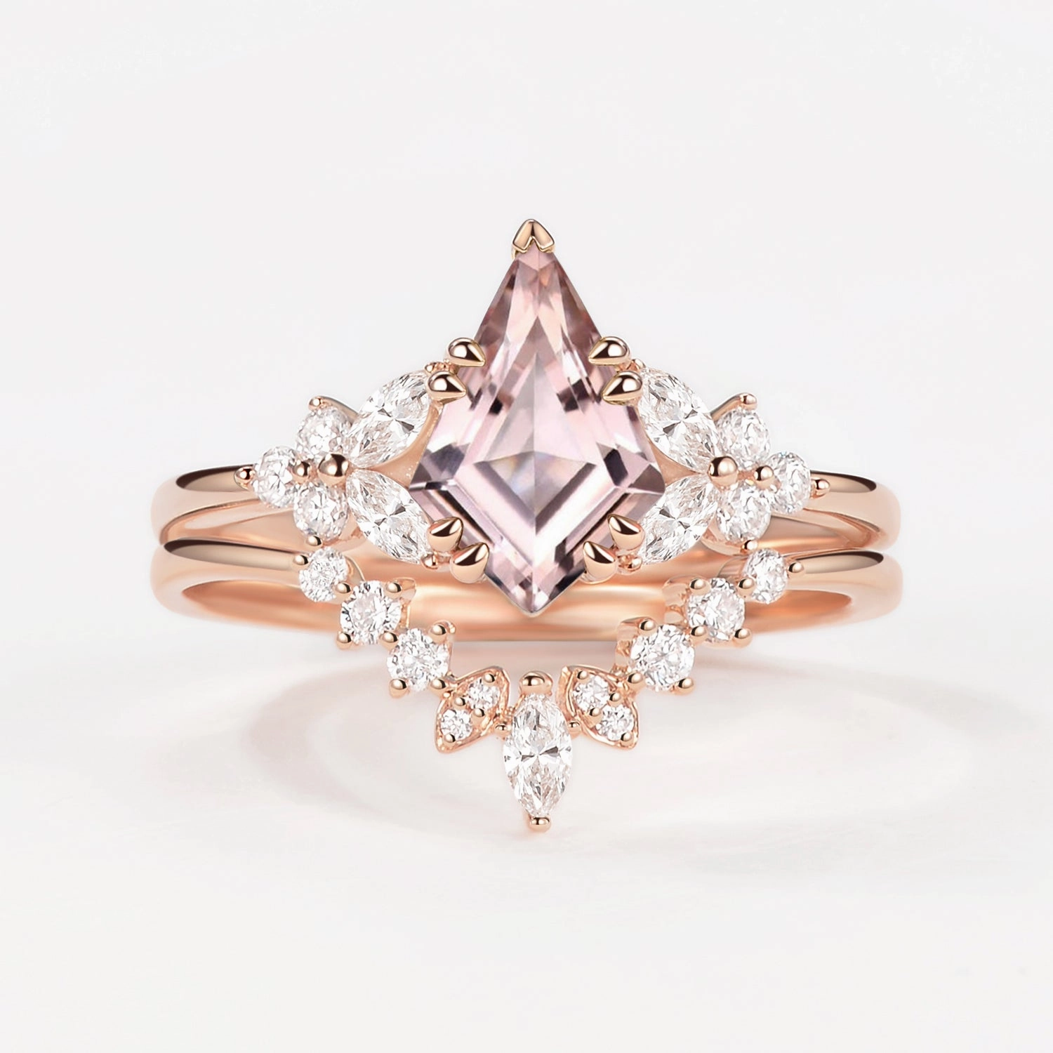 Distinctive Glow Kite Cut Morganite Flower Art-Deco Engagement Ring Set 2pcs