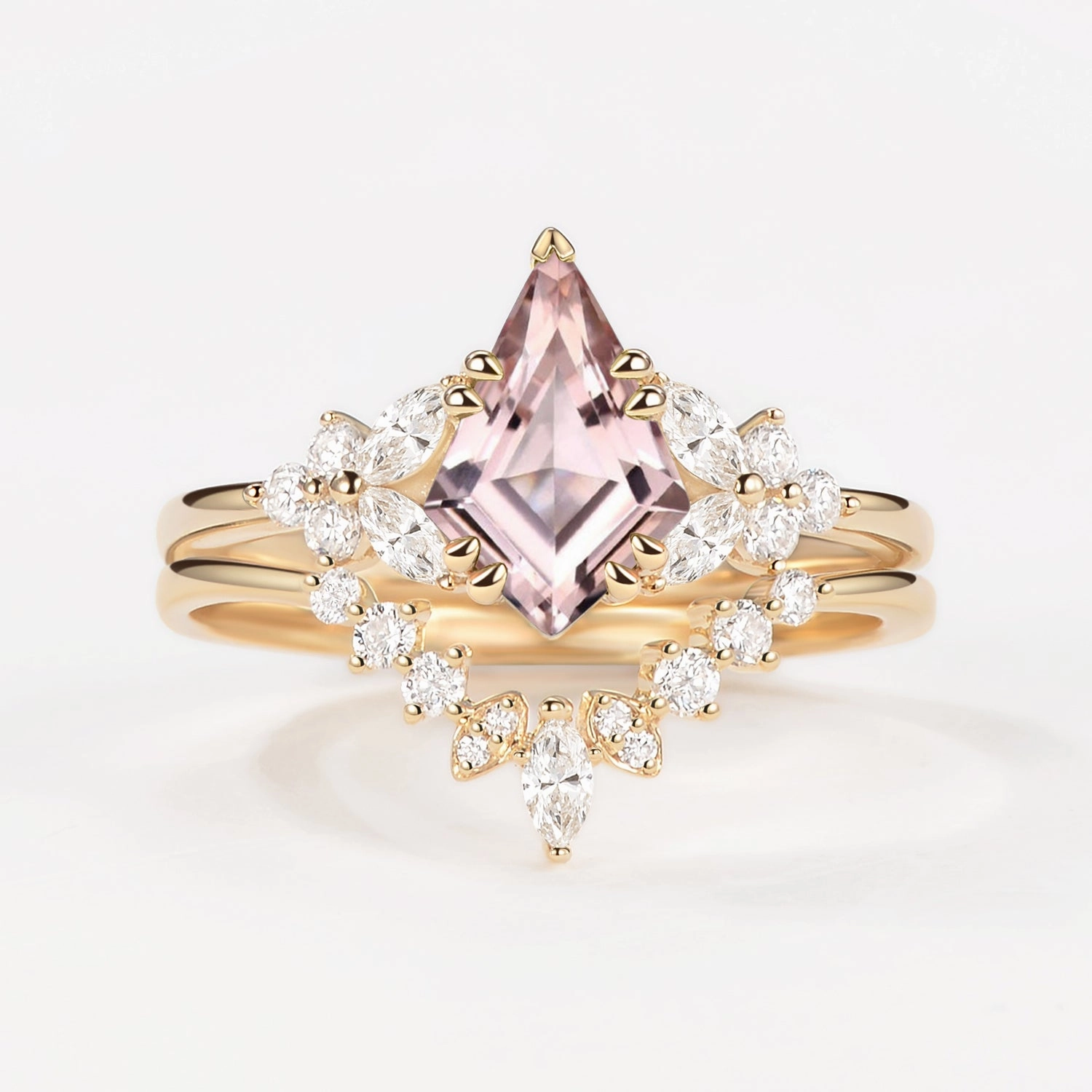 Elegant Focus Casual Glow Kite Cut Morganite Flower Art-Deco Engagement Ring Set 2pcs