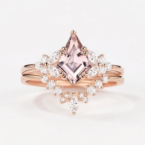 Distinctive Glow Kite Cut Morganite Flower Art-Deco Engagement Ring Set 2pcs