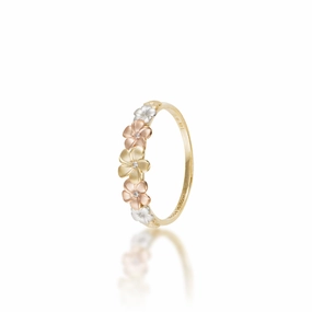 Plumeria Ring in Tri Color Gold with Diamonds - 6mm Effortless Sparkle Elegant Detail