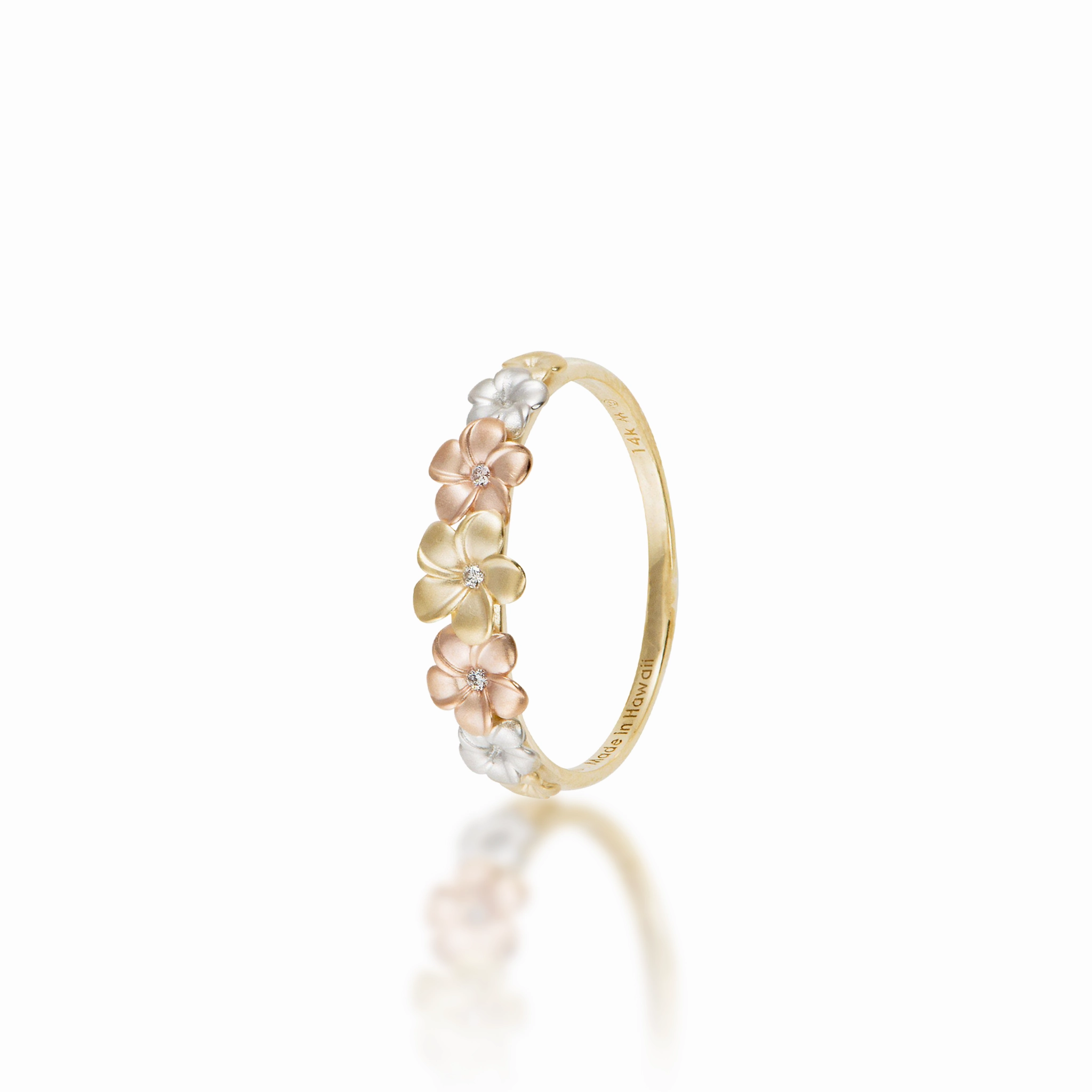 Plumeria Ring in Tri Color Gold with Diamonds - 6mm Effortless Sparkle Elegant Detail