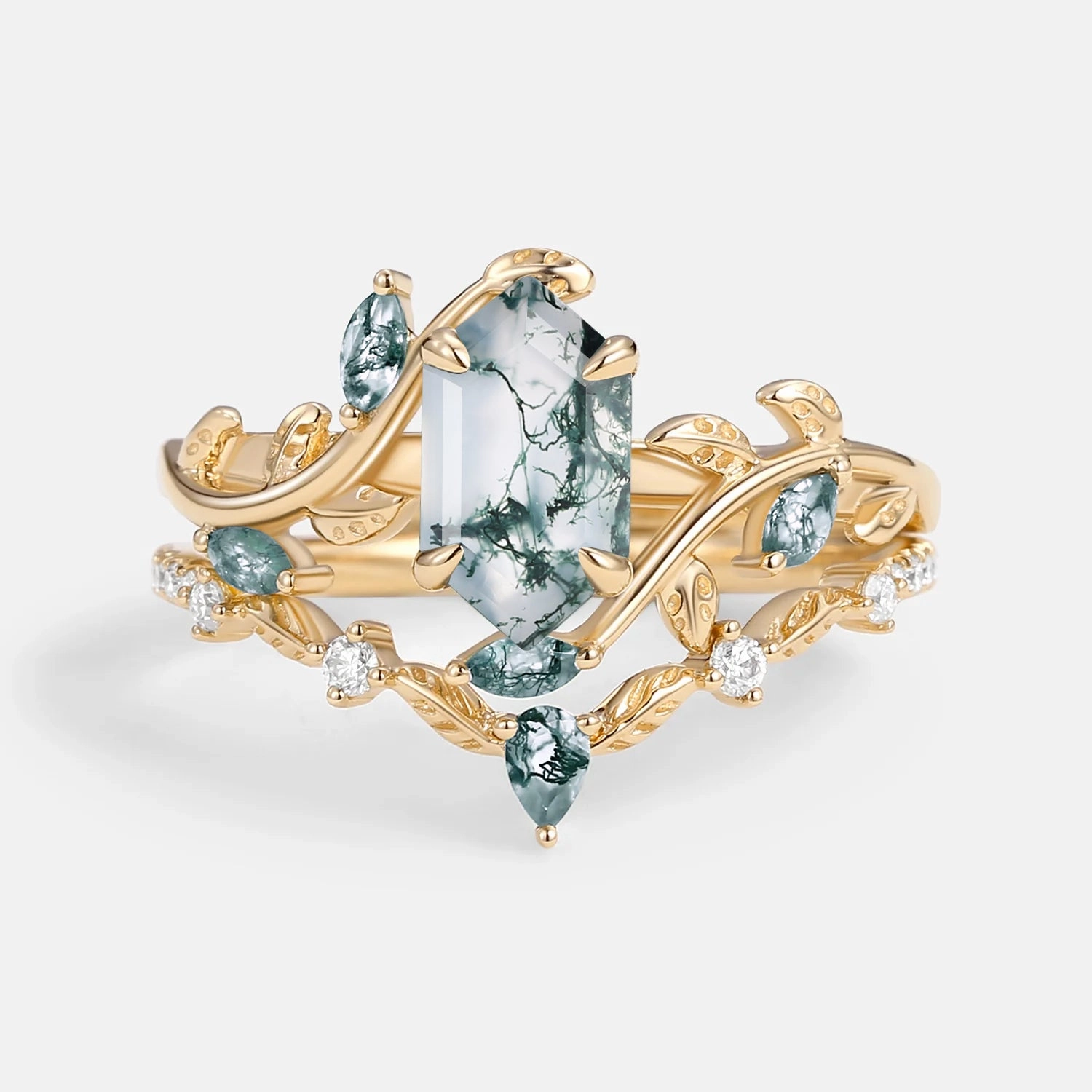 Modern Charm Essential Accessory Green Nature Moss Agate Long Hexagon Vine Engagement Ring Set 2pcs - Daphne