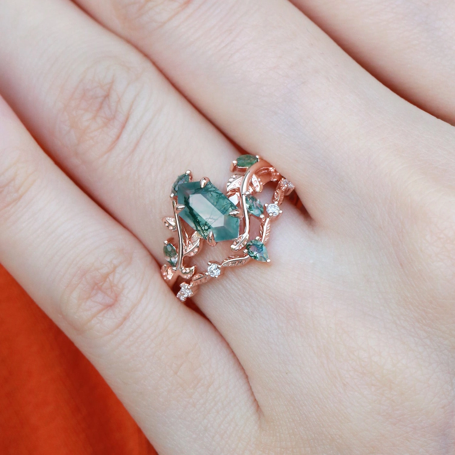 Lightweight Glam Green Nature Moss Agate Long Hexagon Vine Engagement Ring Set 2pcs - Daphne