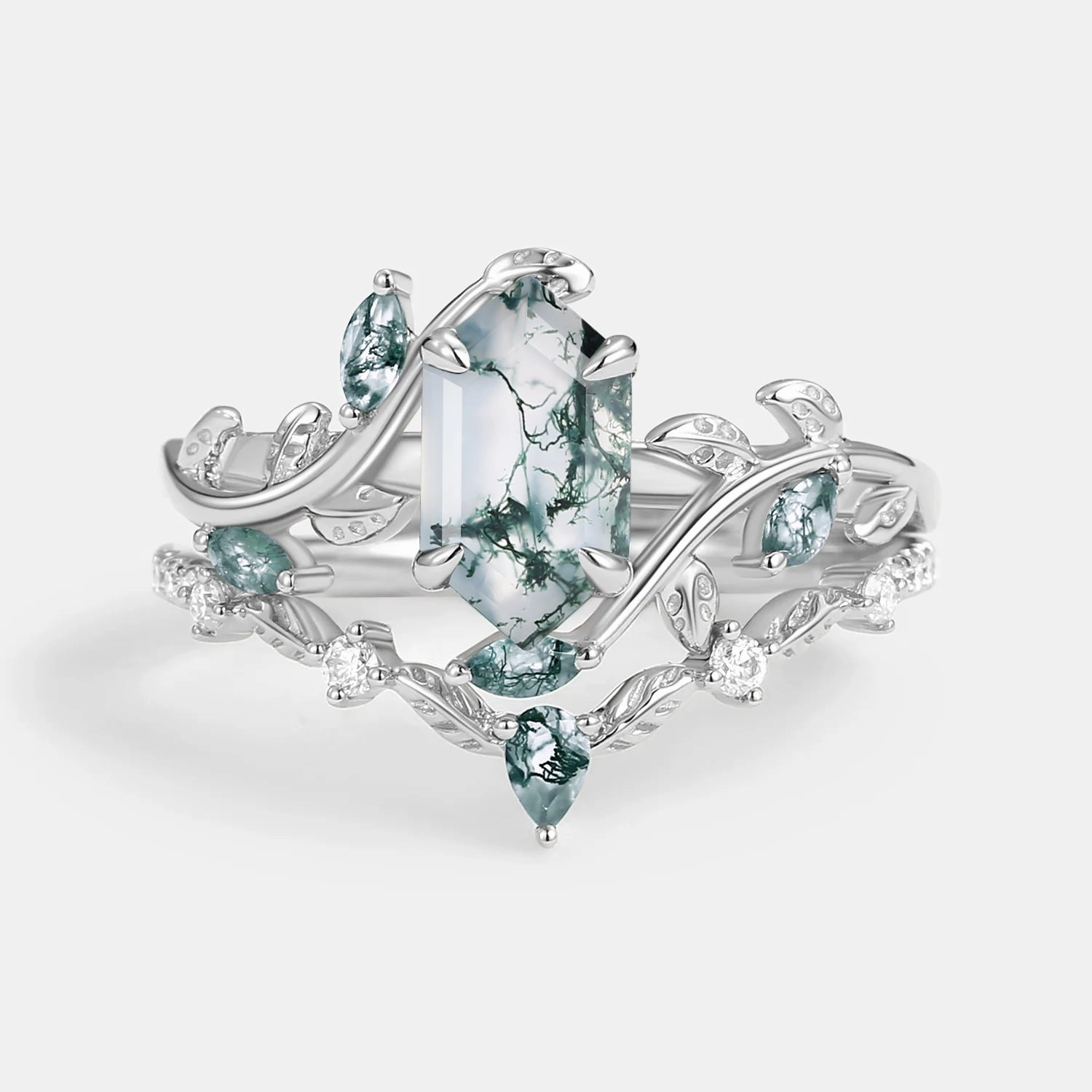 Green Nature Moss Agate Long Hexagon Vine Engagement Ring Set 2pcs - Daphne Light Fit