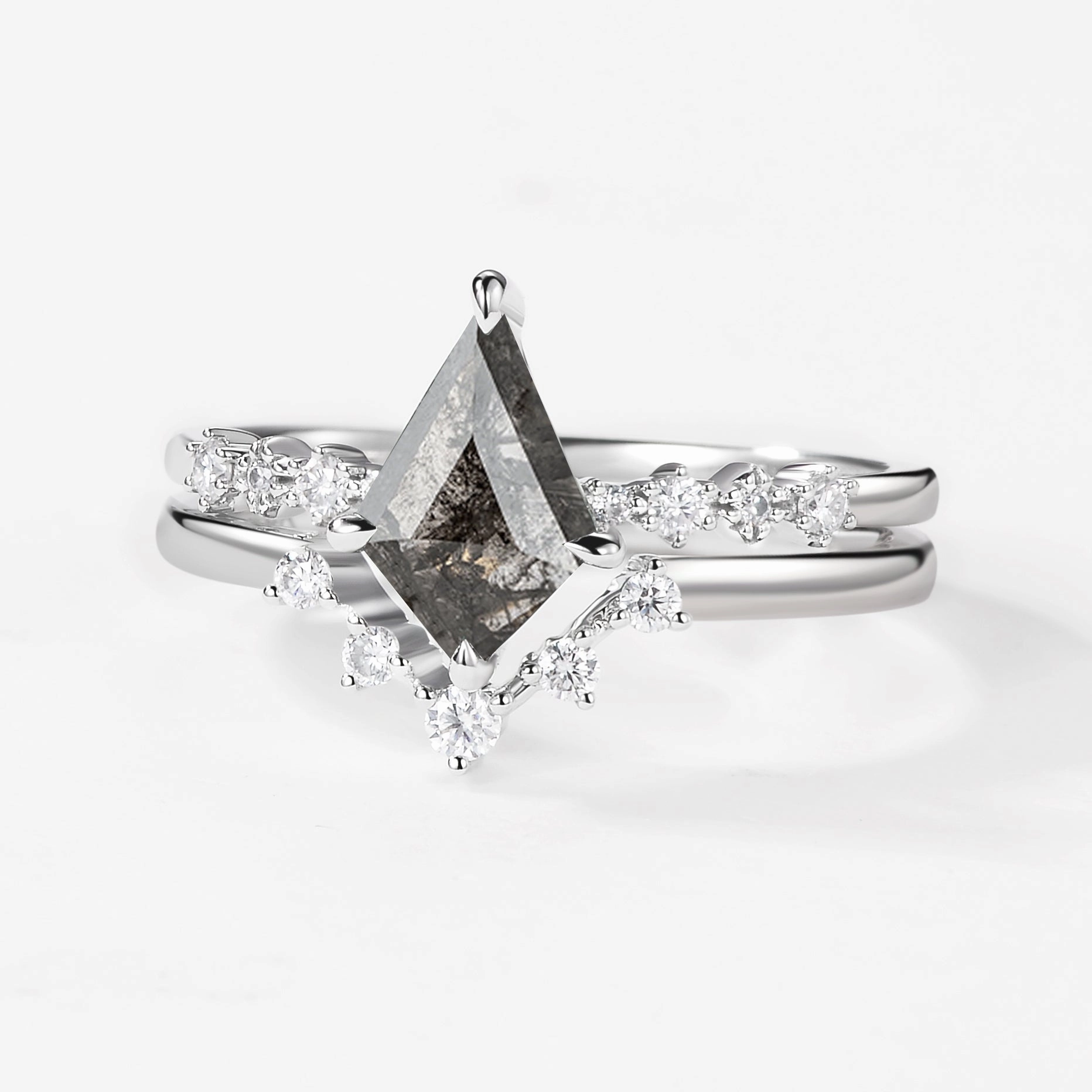 Vibrant Finish Unique Kite Salt & Pepper Diamonds Non-traditional Engagement Ring 2pcs