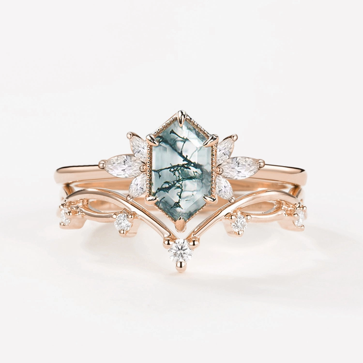 Fairy Ring - 1.5ct Hexagon Moss Agate Floral Inspired Ring Set 2PCS Charming Jewelry Shine