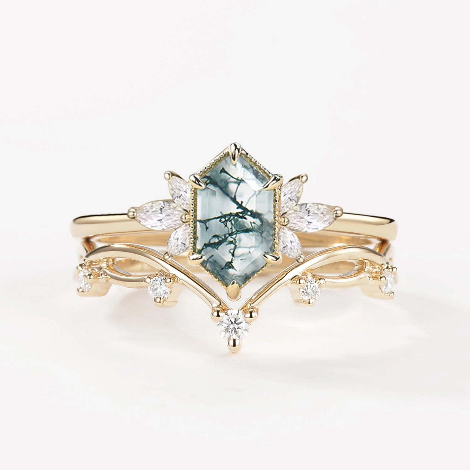 Dazzling Craft Fairy Ring - 1.5ct Hexagon Moss Agate Floral Inspired Ring Set 2PCS