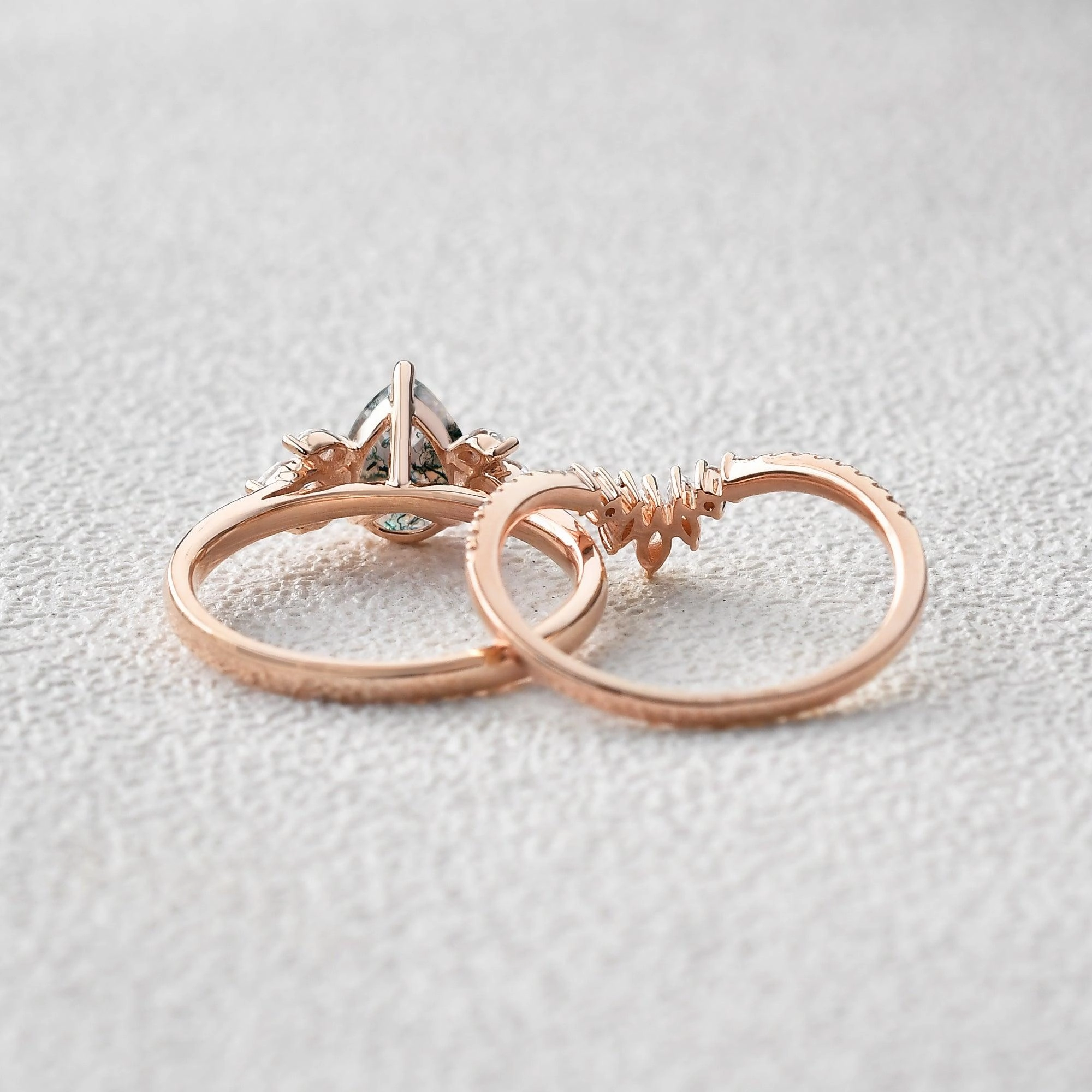 Fairy Ring - 1.5ct Pear Shaped Moss Agate Butterfly Cluster Ring Set 2pcs Layered Vibe Handcrafted Touch