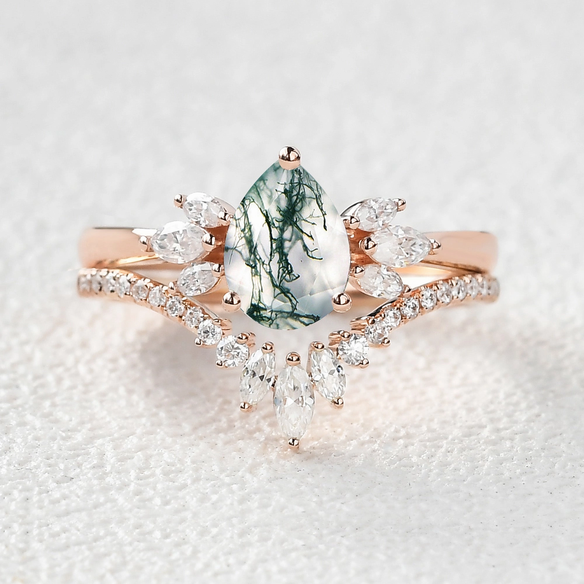 Fairy Ring - 1.5ct Pear Shaped Moss Agate Butterfly Cluster Ring Set 2pcs Smooth Texture Modern Shine