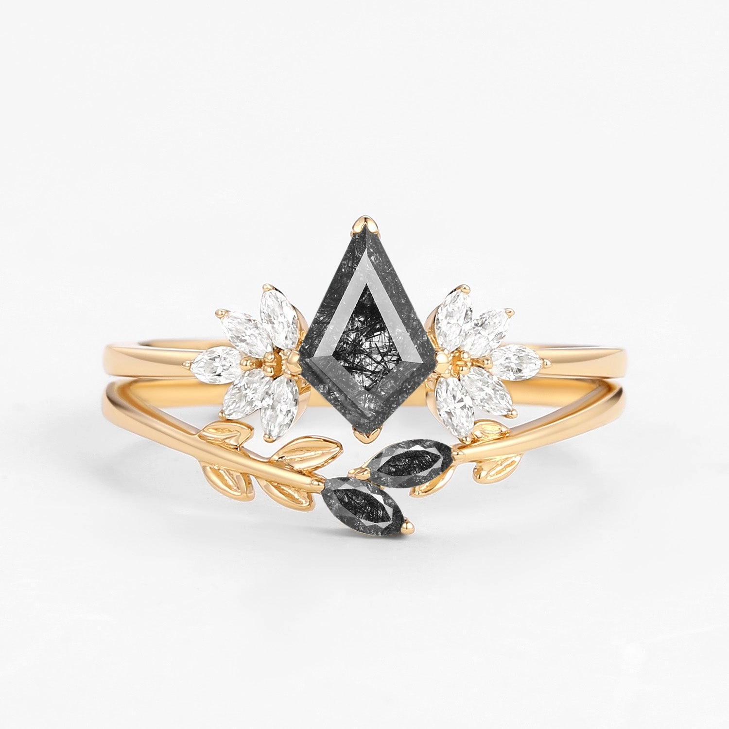 Gifting Light Fairy Ring - Black Rutilated Quartz Leafy Engagement Ring Set 2pcs - Amayah
