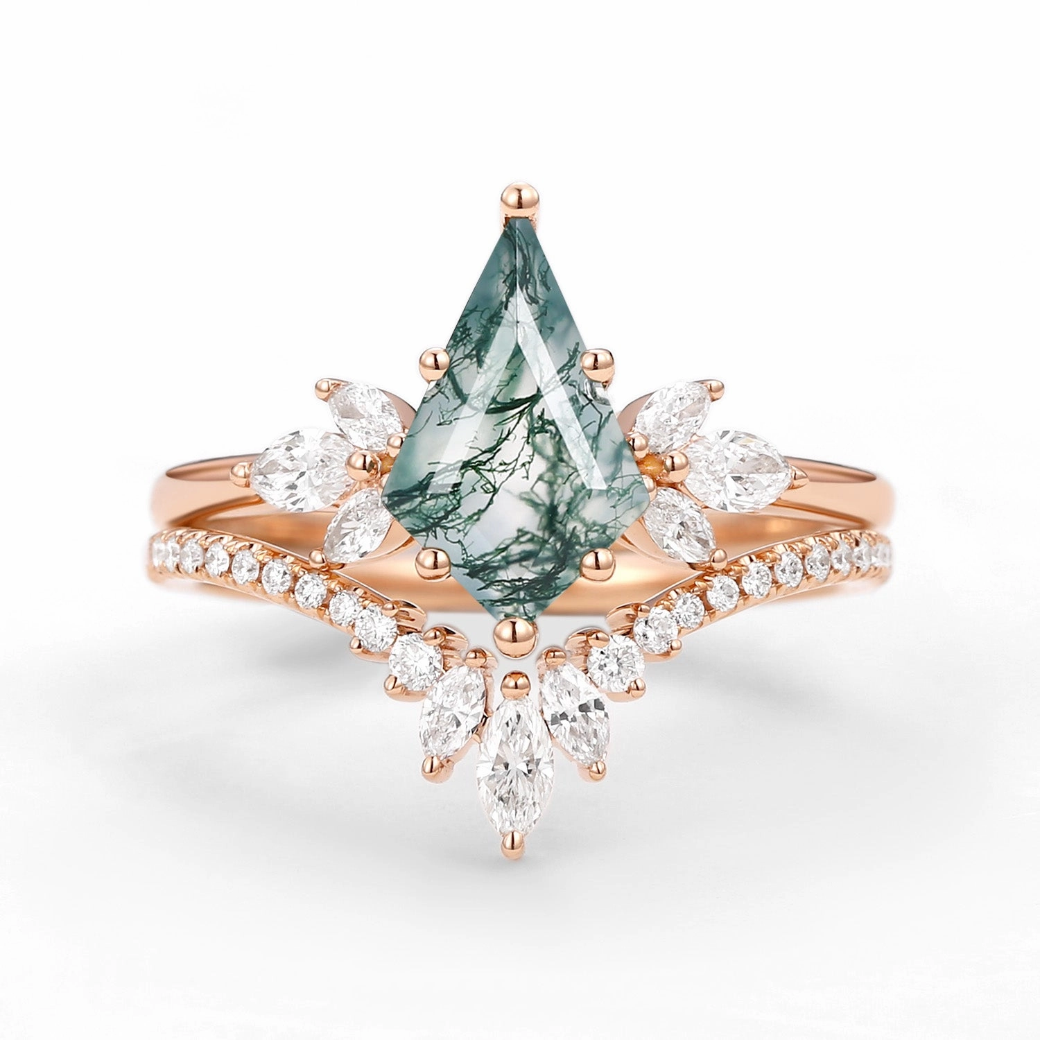 Layer Friendly Fairy Ring - Kite Cut Moss Agate Butterfly Engagement Ring Set 2pcs