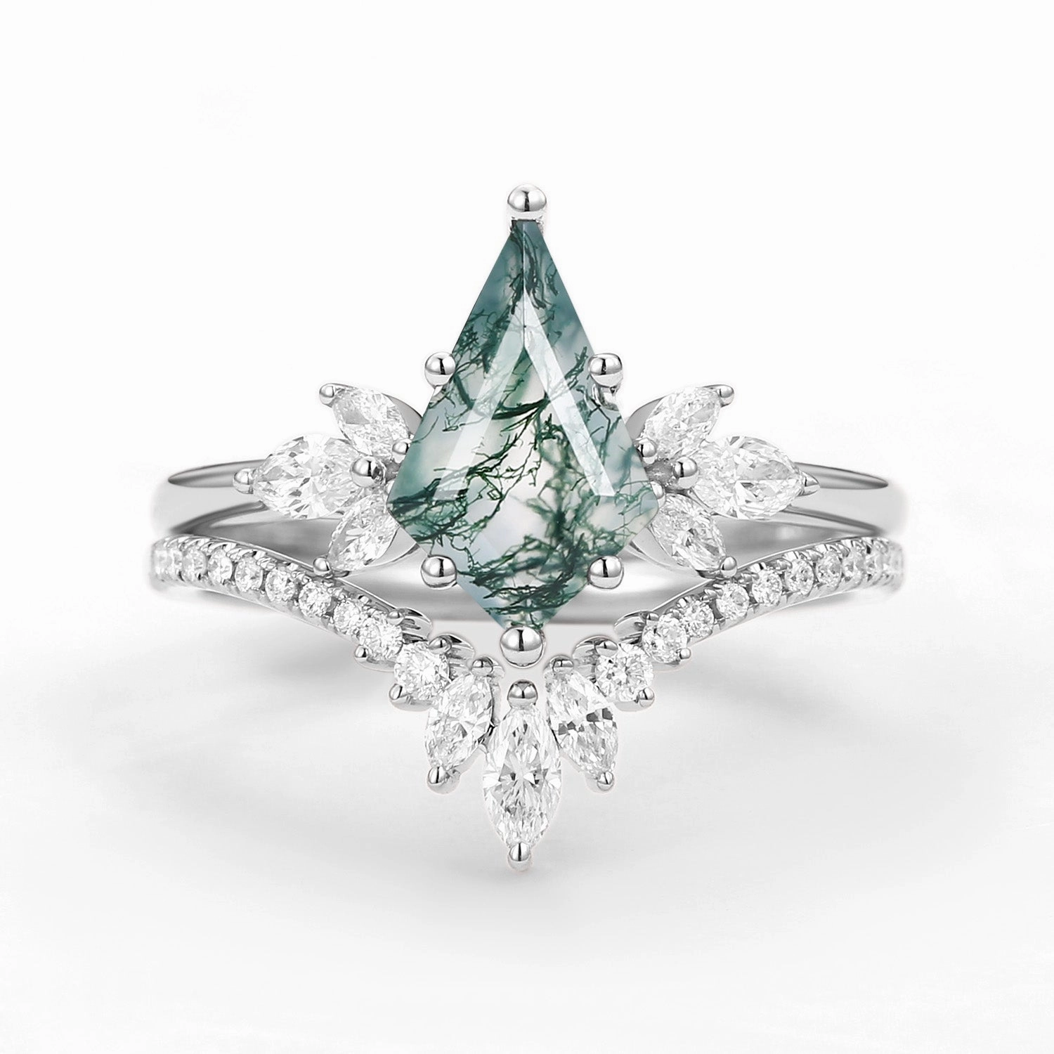 Subtle Shine Fairy Ring - Kite Cut Moss Agate Butterfly Engagement Ring Set 2pcs