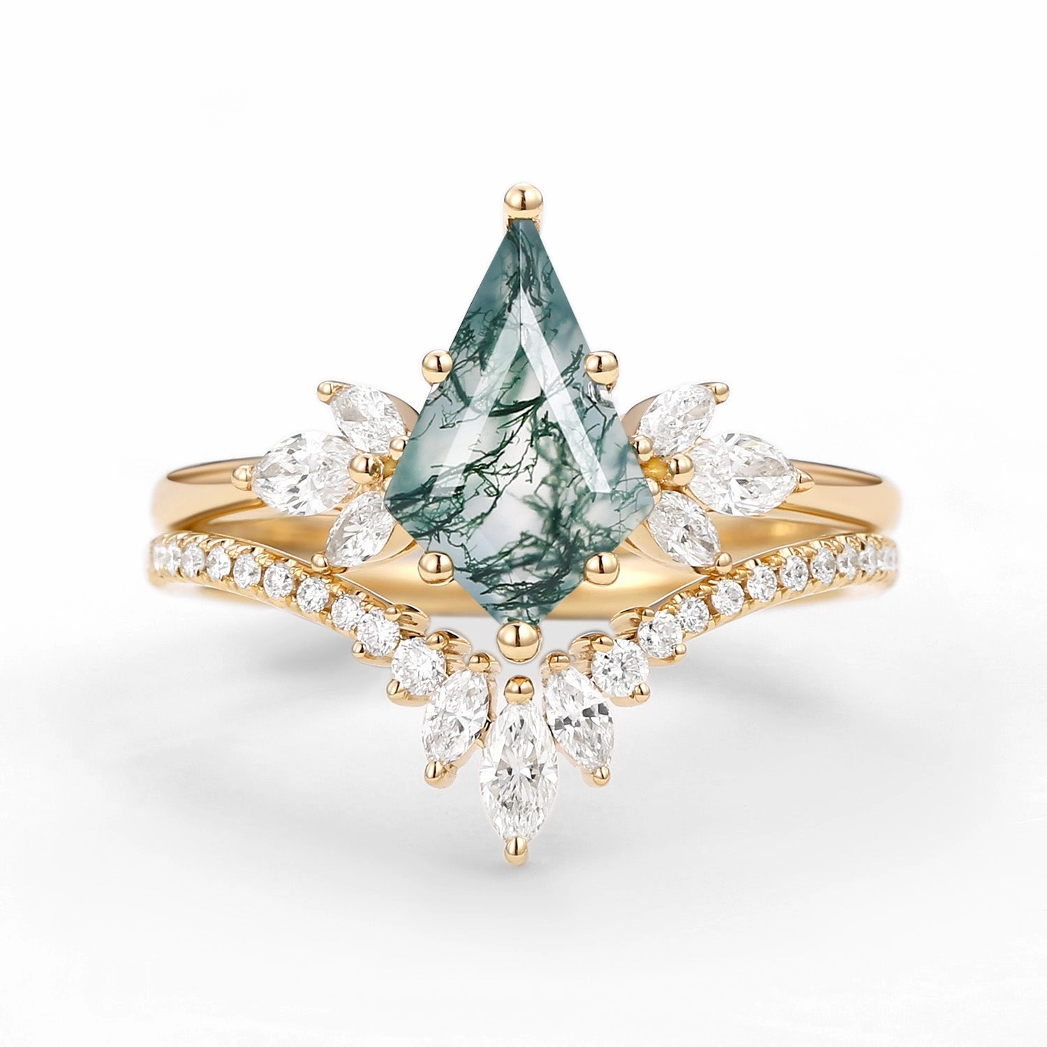 Fairy Ring - Kite Cut Moss Agate Butterfly Engagement Ring Set 2pcs Everyday Match