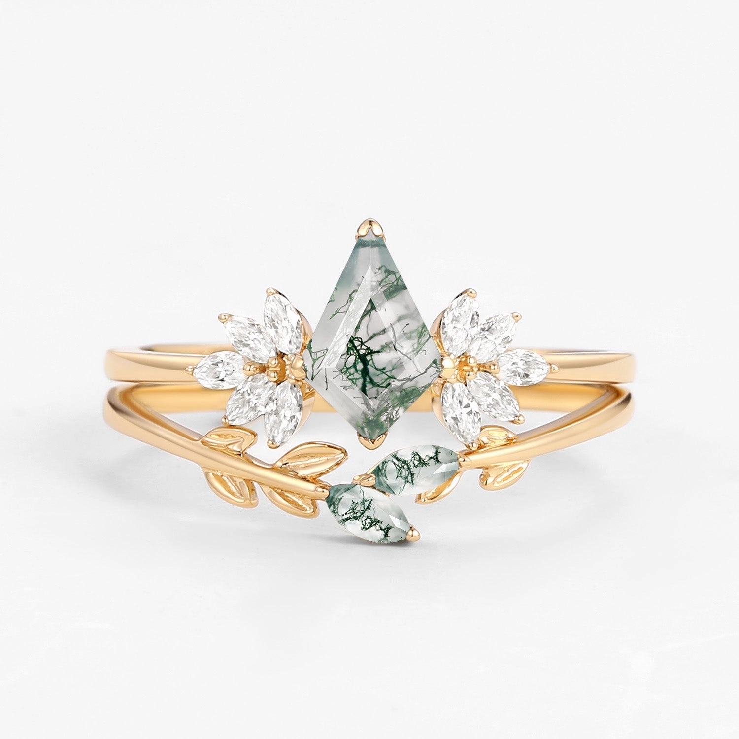 Fairy Ring - Moss Agate Leafy Forest Elves Engagement Ring Set 2pcs - Amayah shiny accents