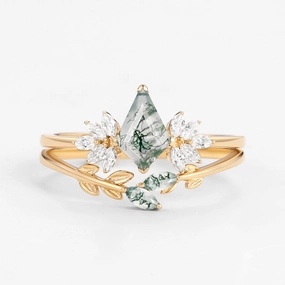 Fairy Ring - Moss Agate Leafy Forest Elves Engagement Ring Set 2pcs - Amayah shiny accents