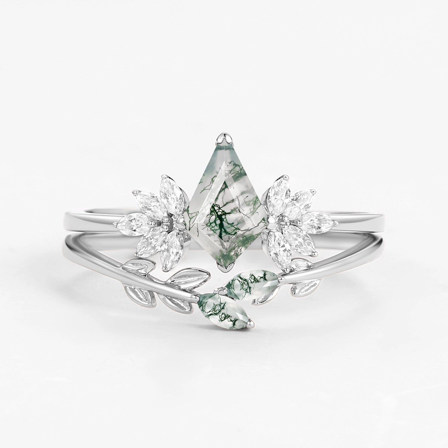 Fairy Ring - Moss Agate Leafy Forest Elves Engagement Ring Set 2pcs - Amayah Timeless Glow Luxe Glow