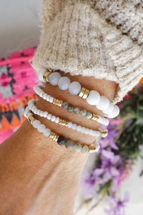 Worthwhile Investment Beaded Bracelets stack of 4 piece with White Wood and Semi Precious stones glass golden beads