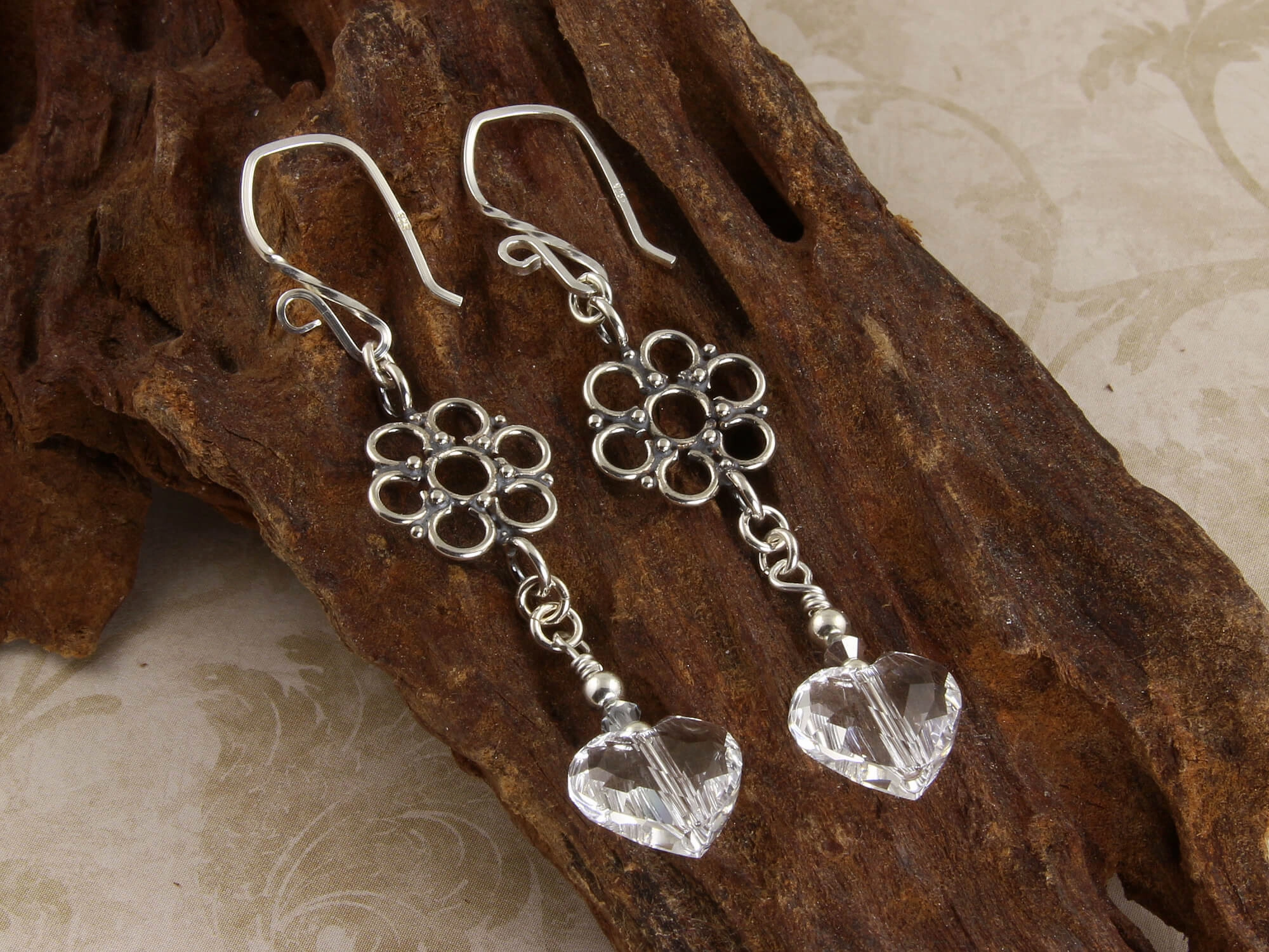 Circular Adornment Glossy Trinket Fancy Swarovski Heart Crystal Earrings, Sterling Silver