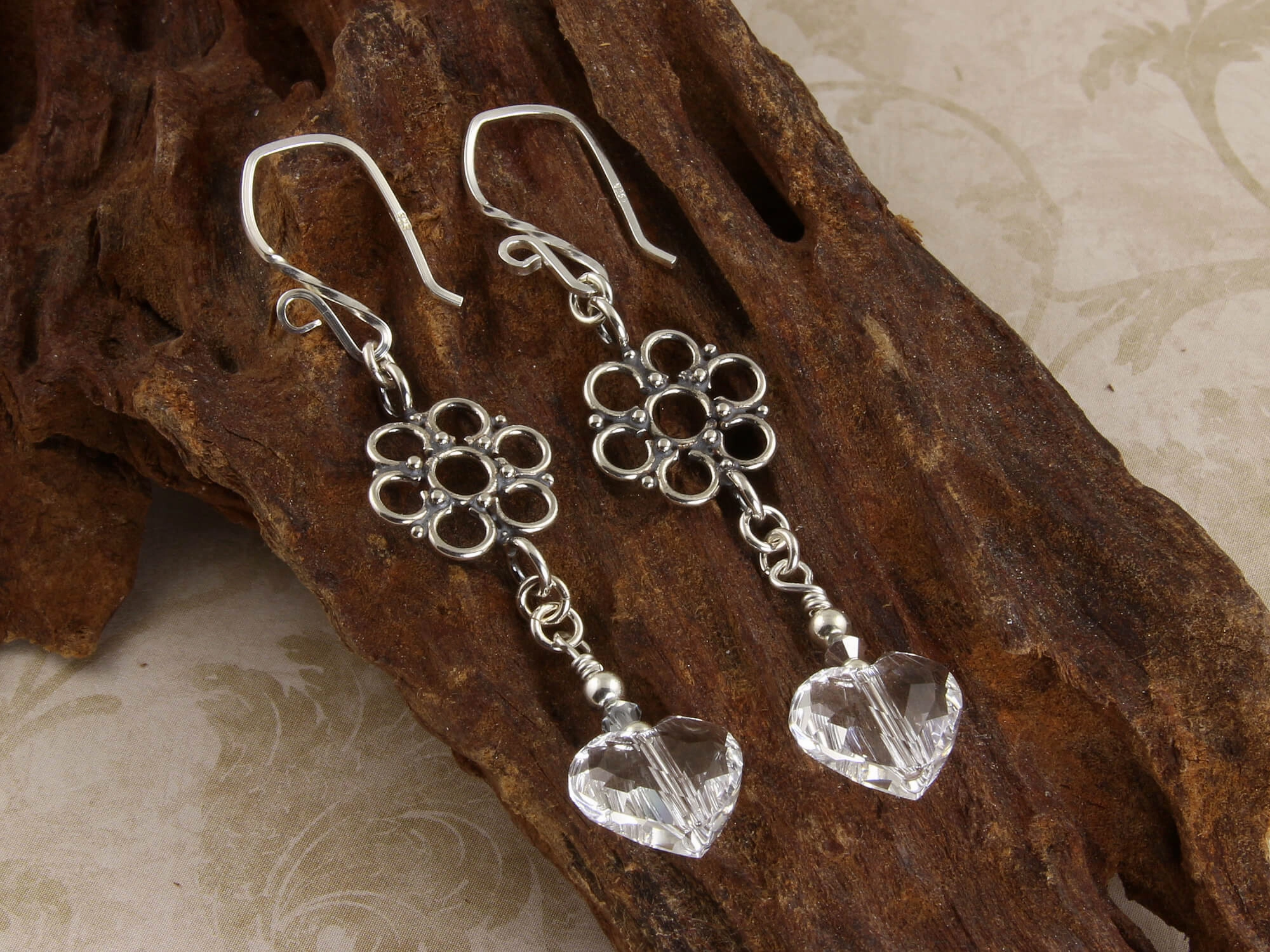 Fancy Swarovski Heart Crystal Earrings, Sterling Silver Contemporary Jewelry